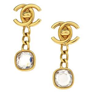 Chanel Turnlock Dangle Earrings Clip-On Gold Rhinestone 97A 196134